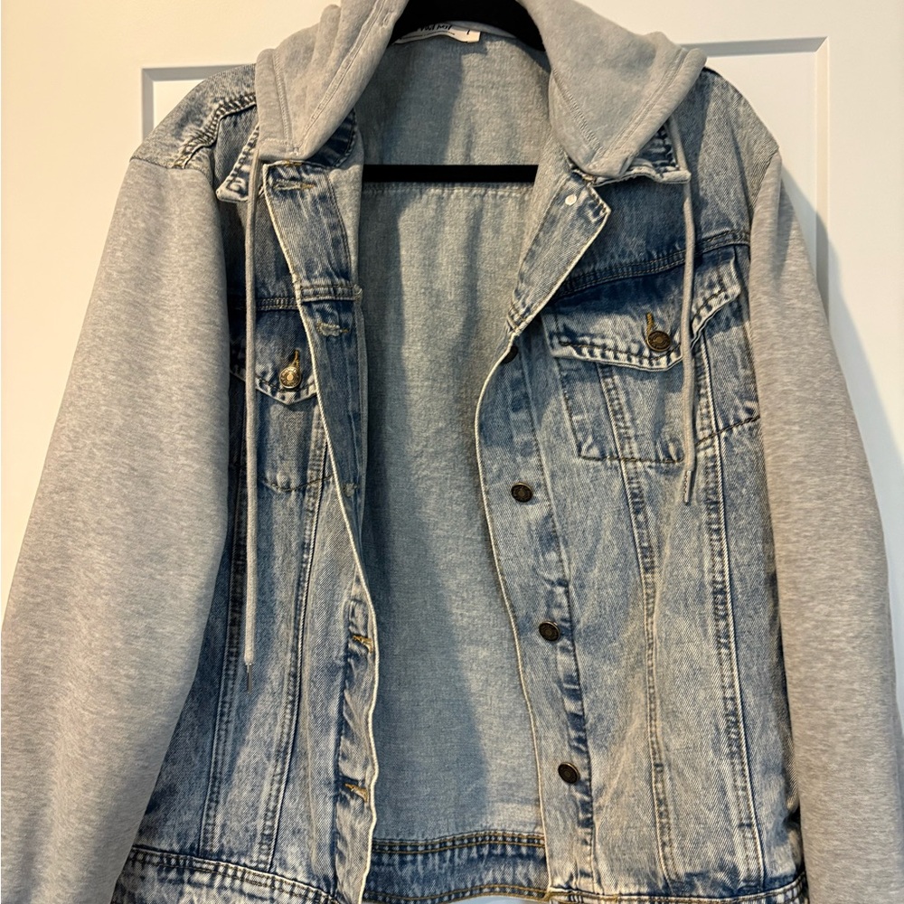 Three Bird Nest Light Blue Denim Jacket with Gray Hoodie Sleeves